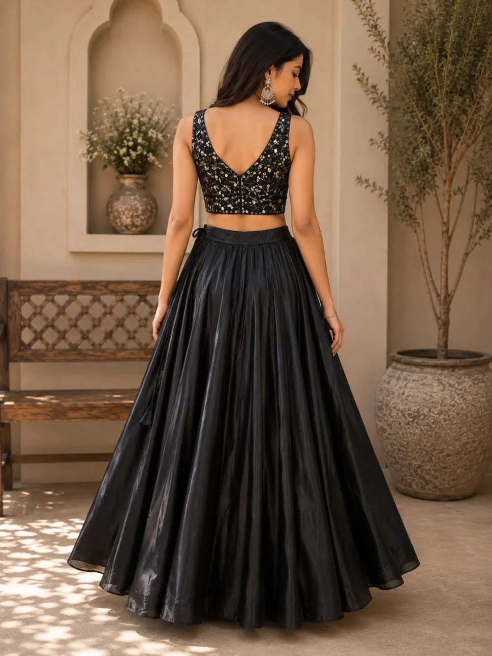 Black Art Silk Flared Skirt