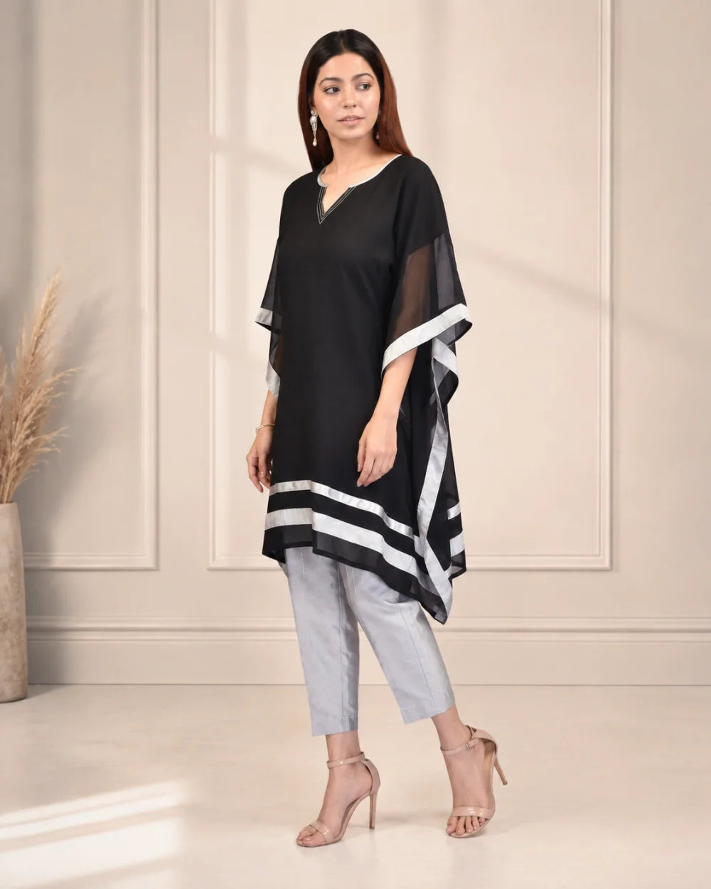 Black Georgette Kaftan with Striped Border
