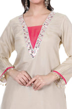 Beige Mirror Work Kurta Pant Co-Ord Set for Women