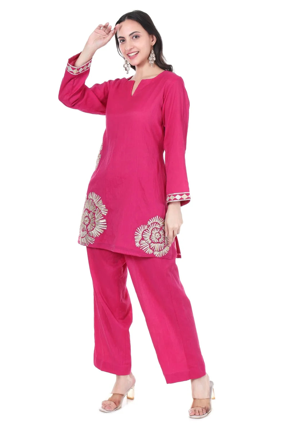 Magenta Pure Chanderi Co-Ord Set with Gold & Silver Gota Embroidery