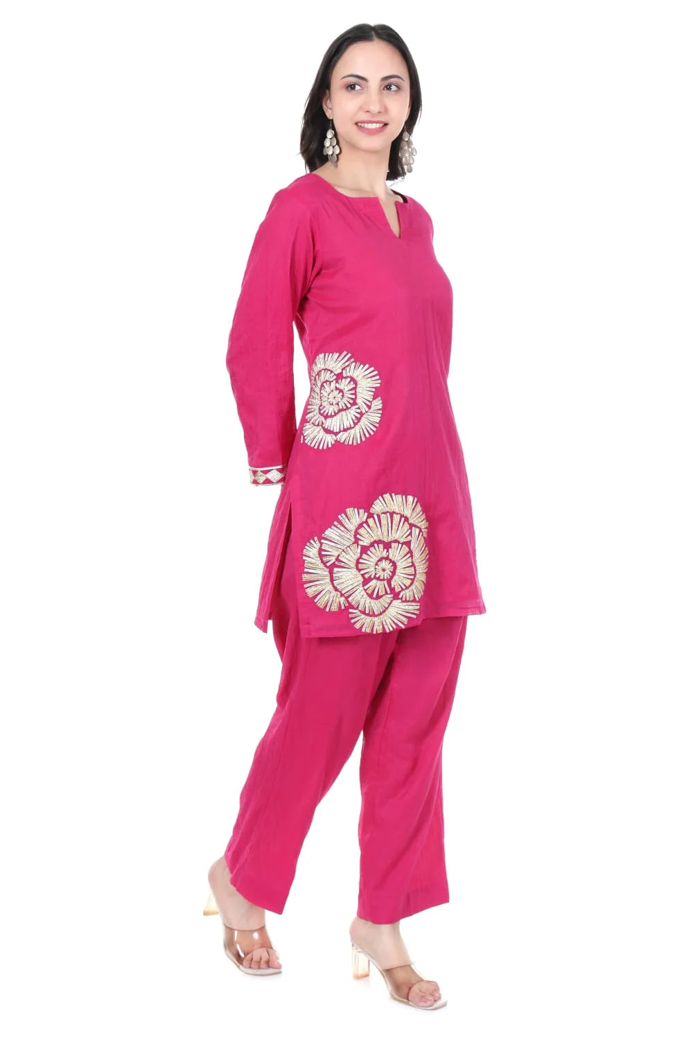Magenta Pure Chanderi Co-Ord Set with Gold & Silver Gota Embroidery