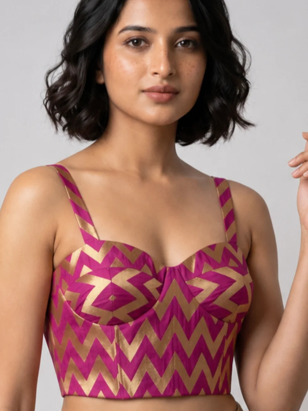 Magenta Gold Chevron Brocade Corset Blouse