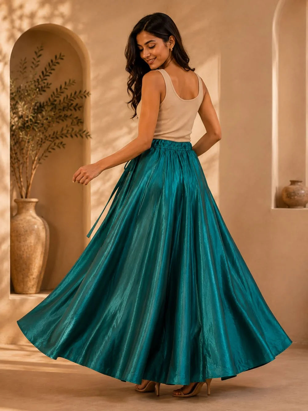 Teal Blue Art Silk Flared Skirt