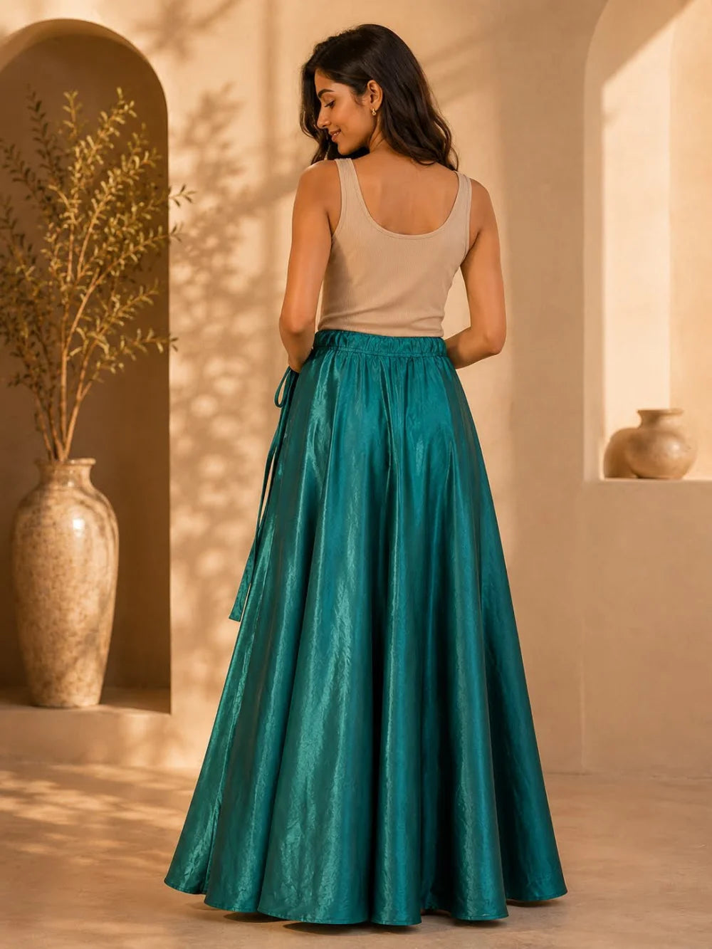 Teal Blue Art Silk Flared Skirt