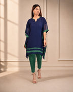 Navy Blue Georgette Kaftan Set with Green Stripes