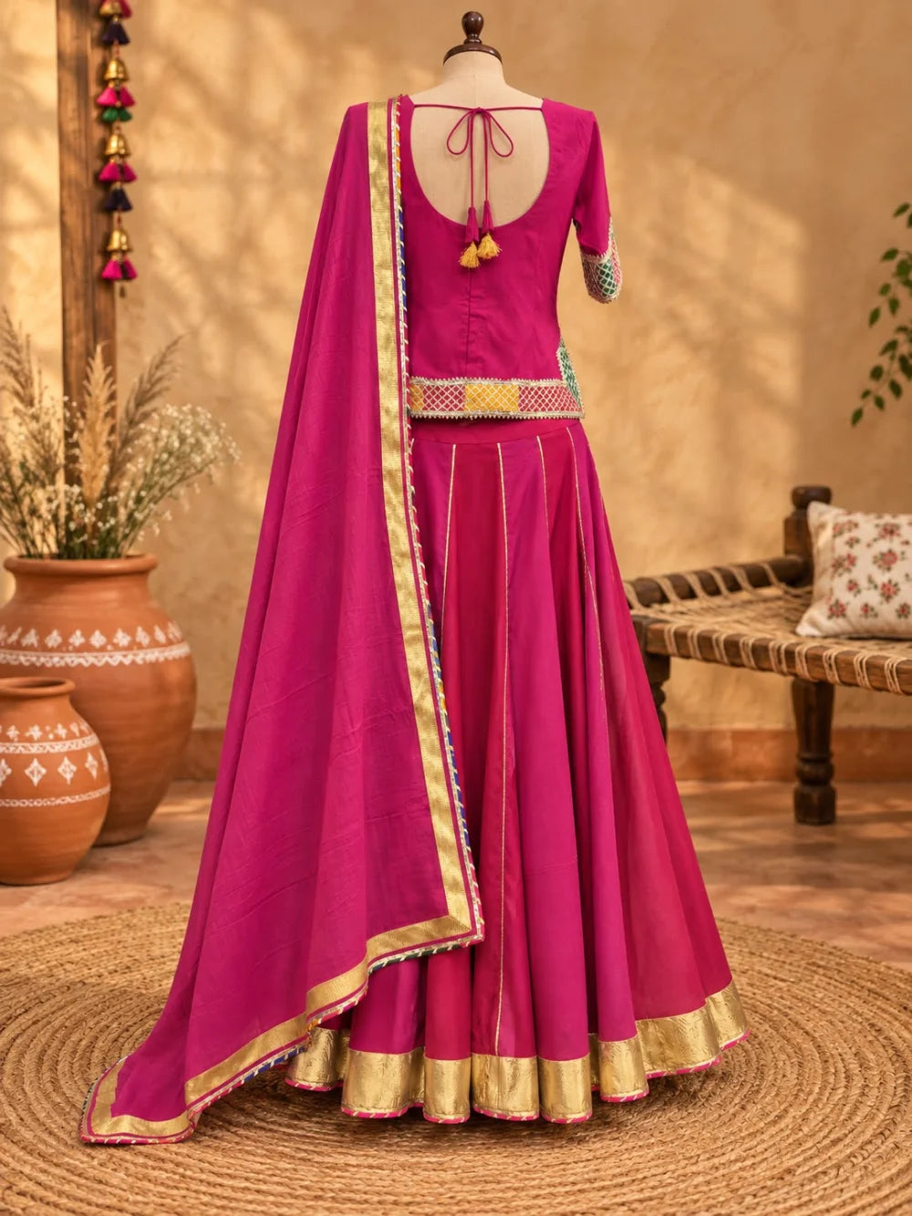 Magenta Rayon Lehenga Set with Gota & Lace Embellishments