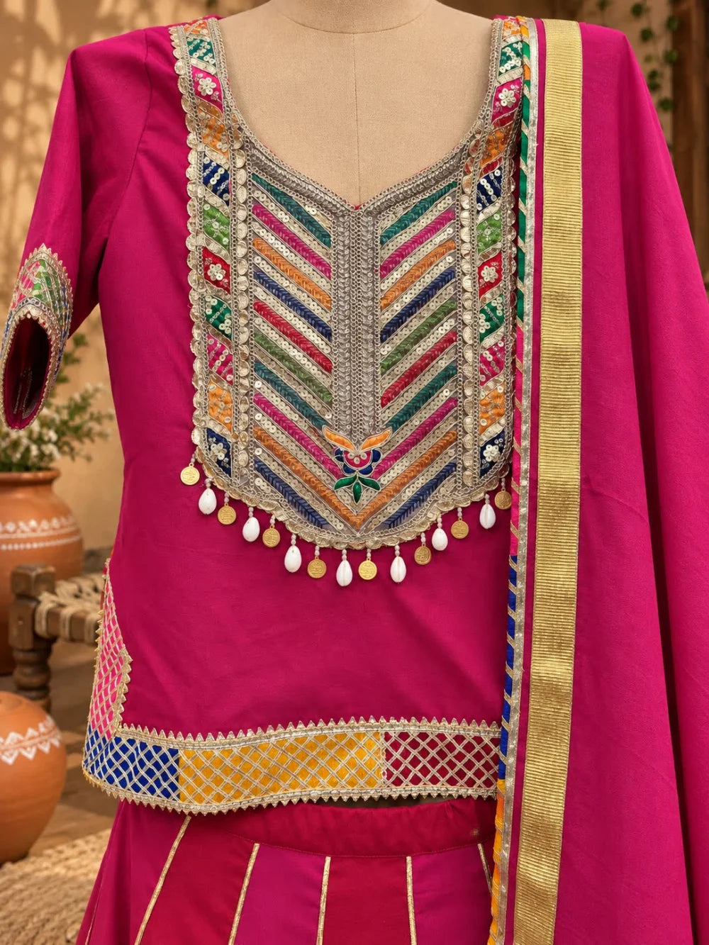 Magenta Rayon Lehenga Set with Gota & Lace Embellishments