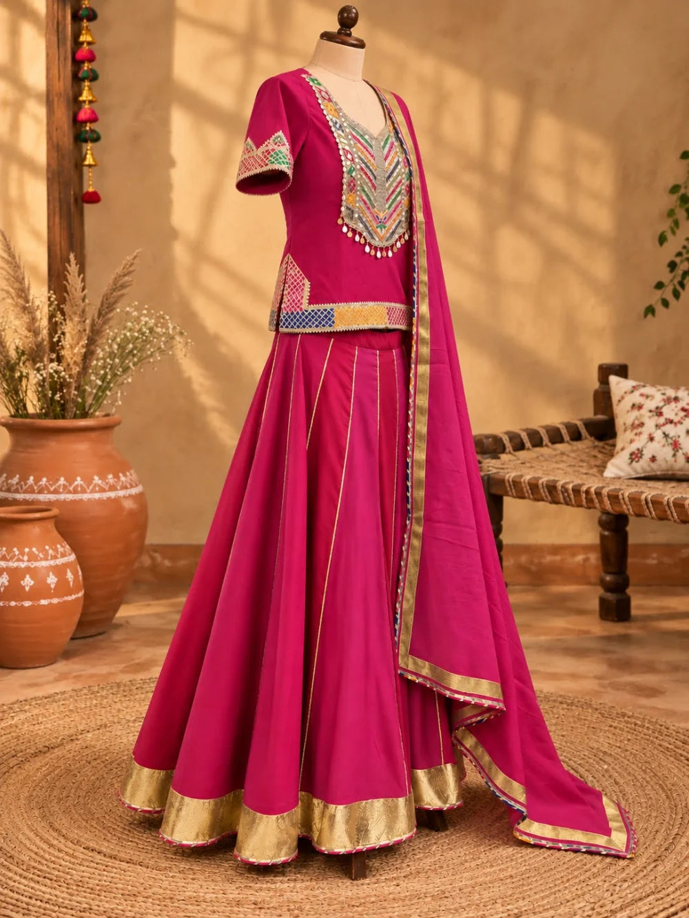 Magenta Rayon Lehenga Set with Gota & Lace Embellishments