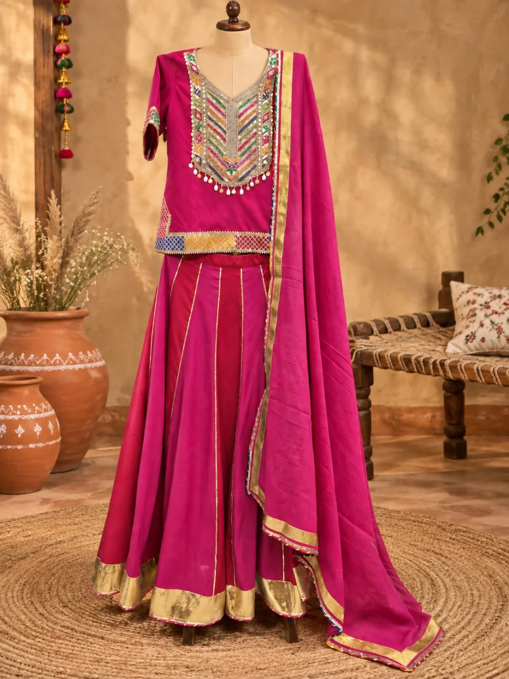 Magenta Rayon Lehenga Set with Gota & Lace Embellishments
