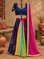Multicolour Rayon Lehenga Set with Golden Kingri Lace