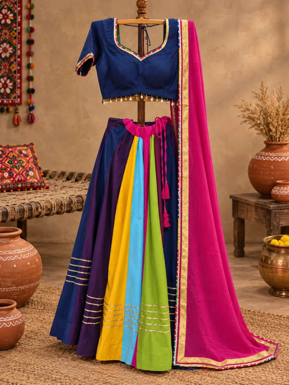 Multicolour Rayon Lehenga Set with Golden Kingri Lace