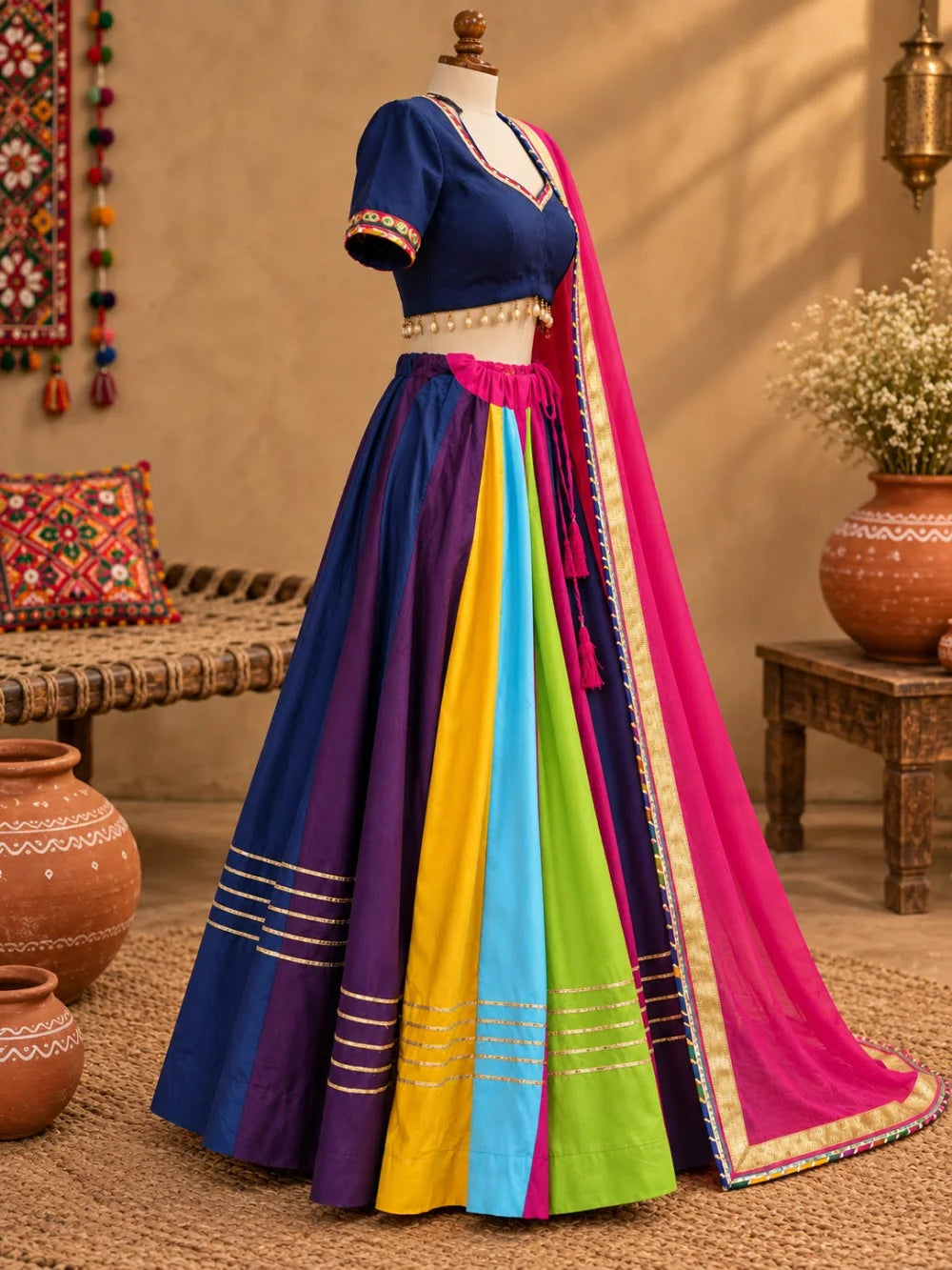 Multicolour Rayon Lehenga Set with Golden Kingri Lace