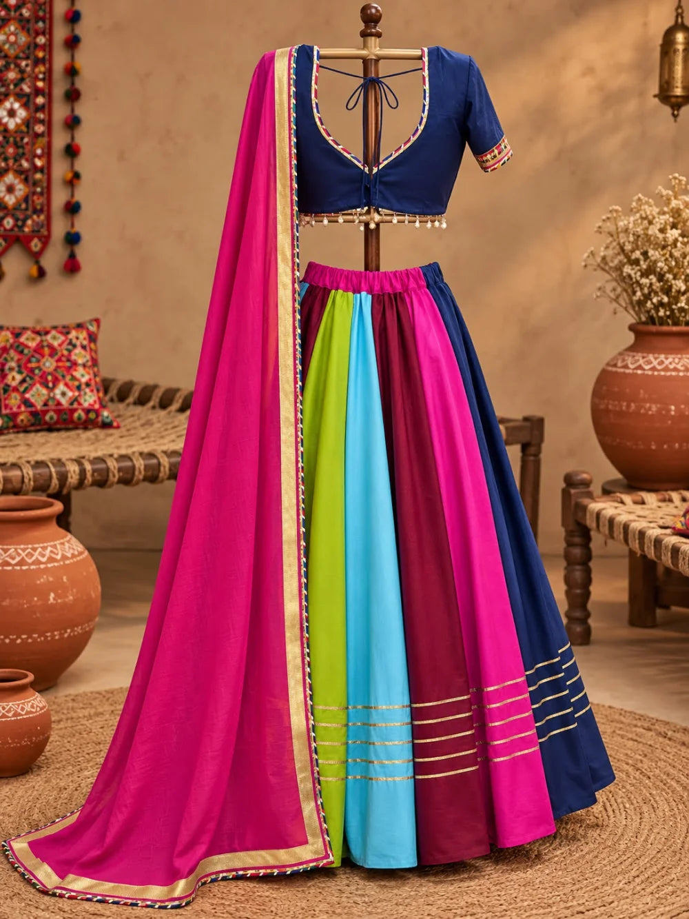 Multicolour Rayon Lehenga Set with Golden Kingri Lace