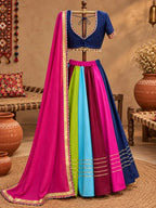Multicolour Rayon Lehenga Set with Golden Kingri Lace