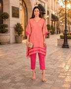 Peach Georgette Kaftan with Contrast Stripes