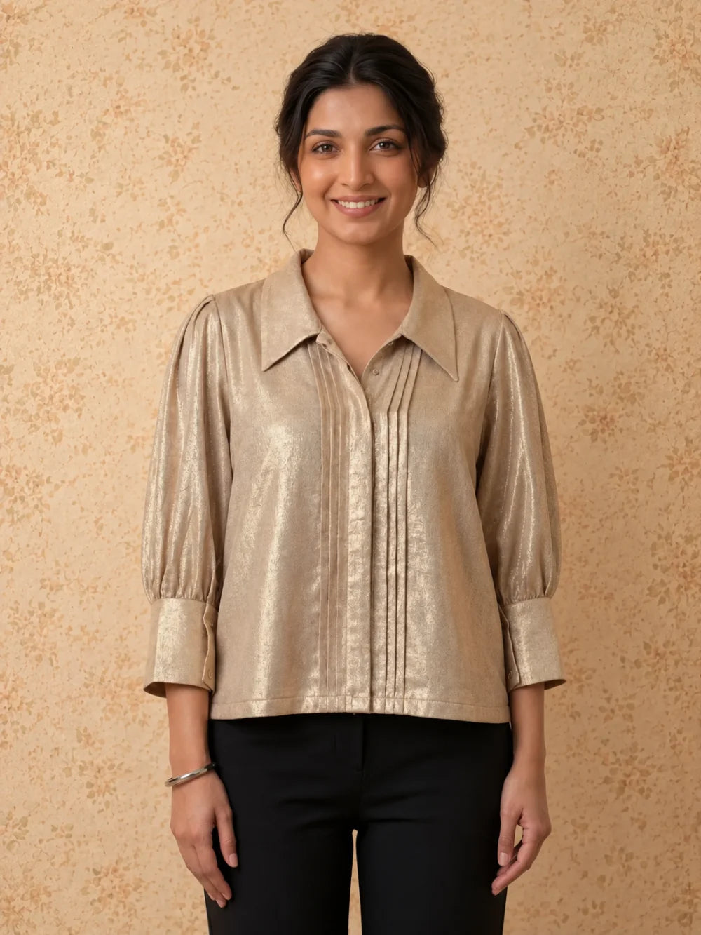 Champagne Gold Sandwash Crepe Pleated Shirt