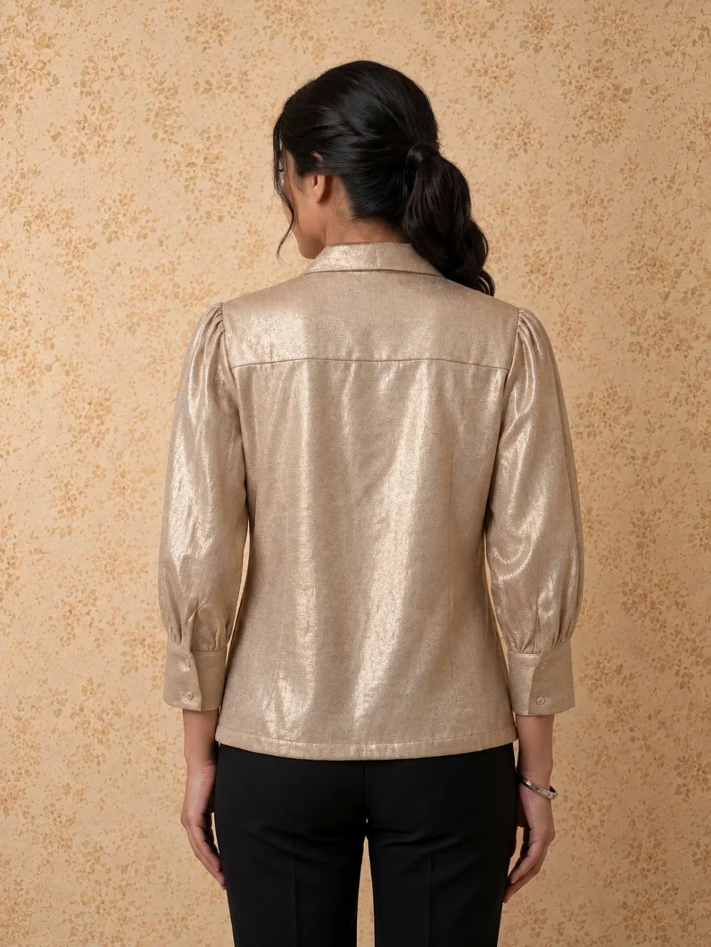 Champagne Gold Sandwash Crepe Pleated Shirt