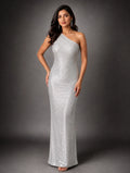Silver Glitter One-Shoulder Gown