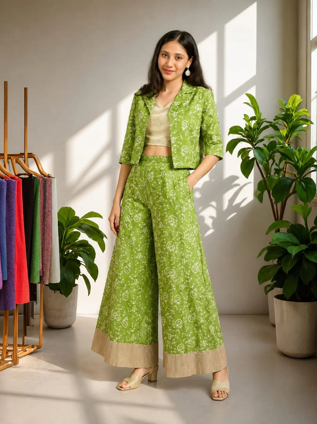 Sage Green Embroidered Palazzo Co-ord Set with Crop Top & Mini Jacket