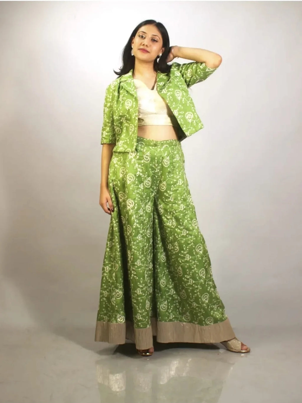 Sage Green Embroidered Palazzo Co-ord Set with Crop Top & Mini Jacket