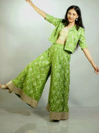 Sage Green Embroidered Palazzo Co-ord Set with Crop Top & Mini Jacket