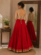 Red Rayon Flared Skirt with Gold Border